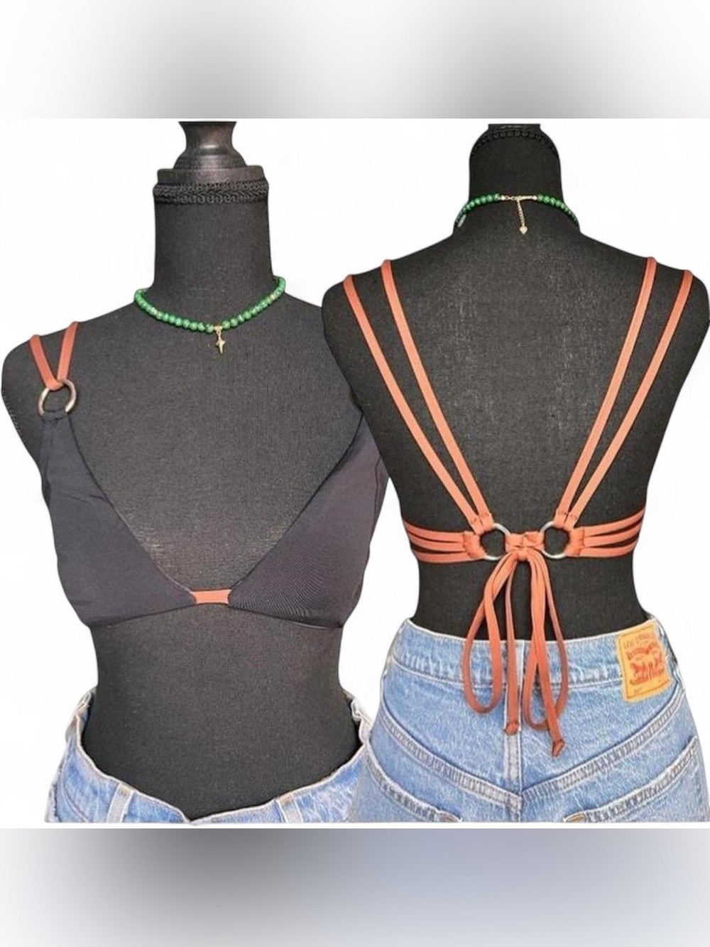 WeWoreWhat Black Triangle Bikini Top Brown Strap Ring Detail Strappy Women’s M